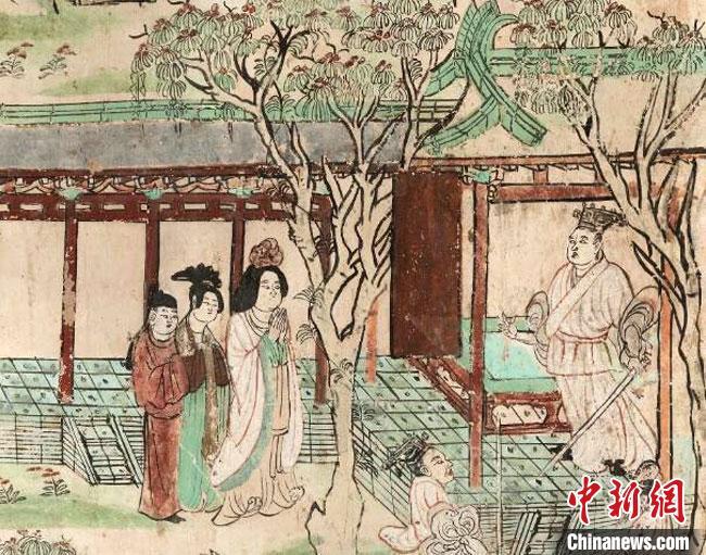 圖為此展覽精選展品莫高窟第45窟北壁(盛唐)——觀無量壽經(jīng)變圖之未生怨(局部)。　敦煌研究院供圖